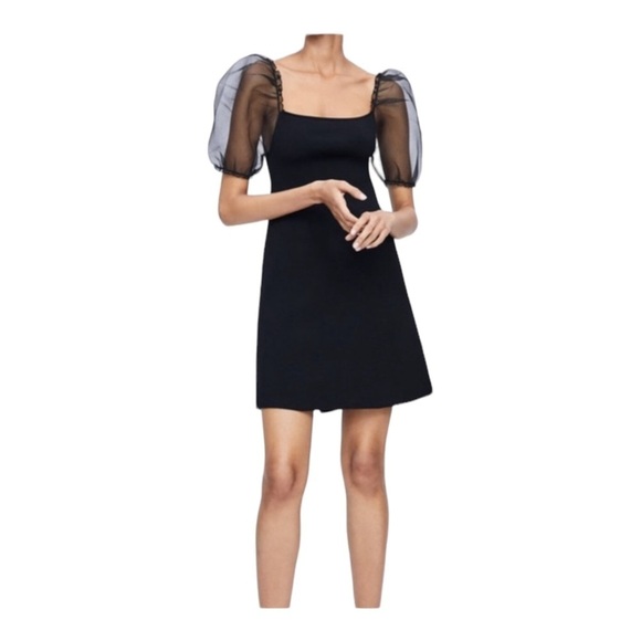 ZARA Black Sheer Puff Sleeve Bodycon Mini Dress Small Blogger Favorite - Picture 9 of 14